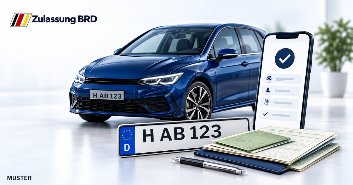 Online Fahrzeugzulassung in Region Hannover: Musterkennzeichen H AB 123, Auto und Fahrzeugpapiere und Smartphone. Illustration mit Logo von Zulassung BRD.